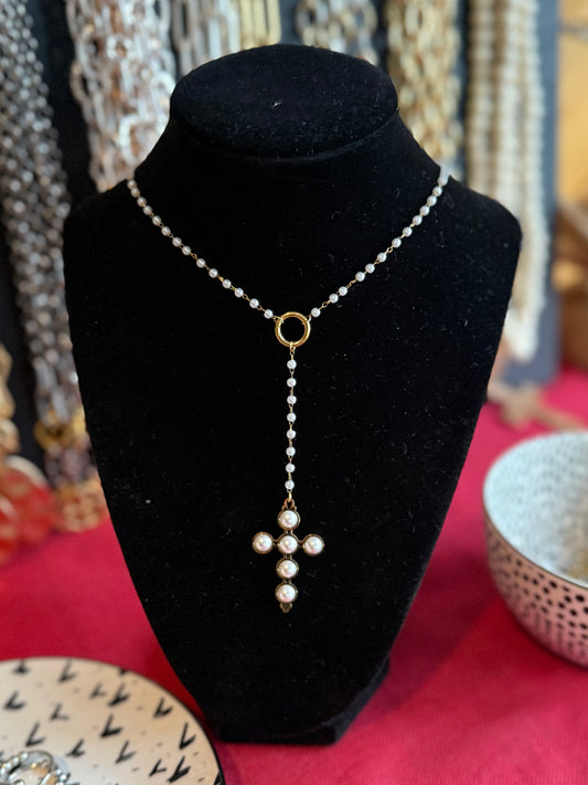 Lariat Pearl Cross Necklace