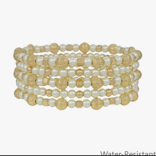 Water Resistant Pearl and Gold Beaded with Cross Set of 5 Stretch Bracelets