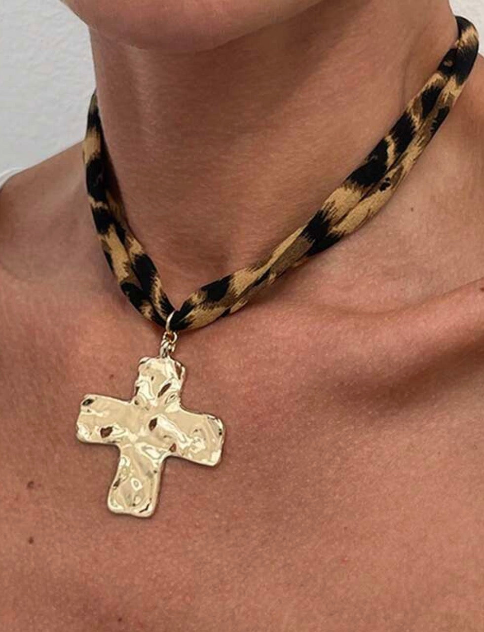 Leopard Print - Double Strand Necklace with Gold Hammered Cross Pendant.