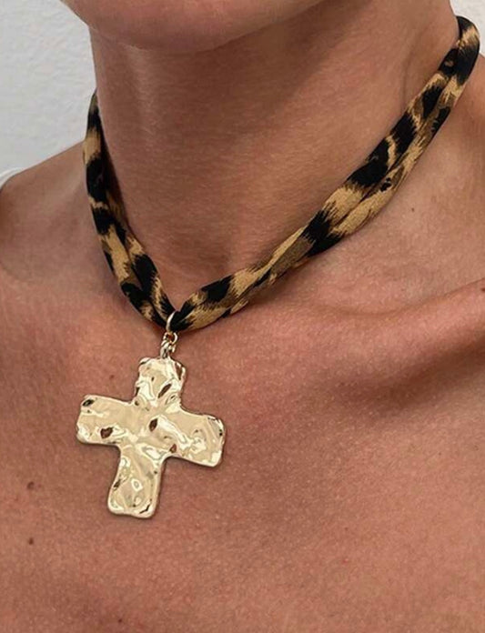 Leopard Print - Double Strand Necklace with Gold Hammered Cross Pendant.
