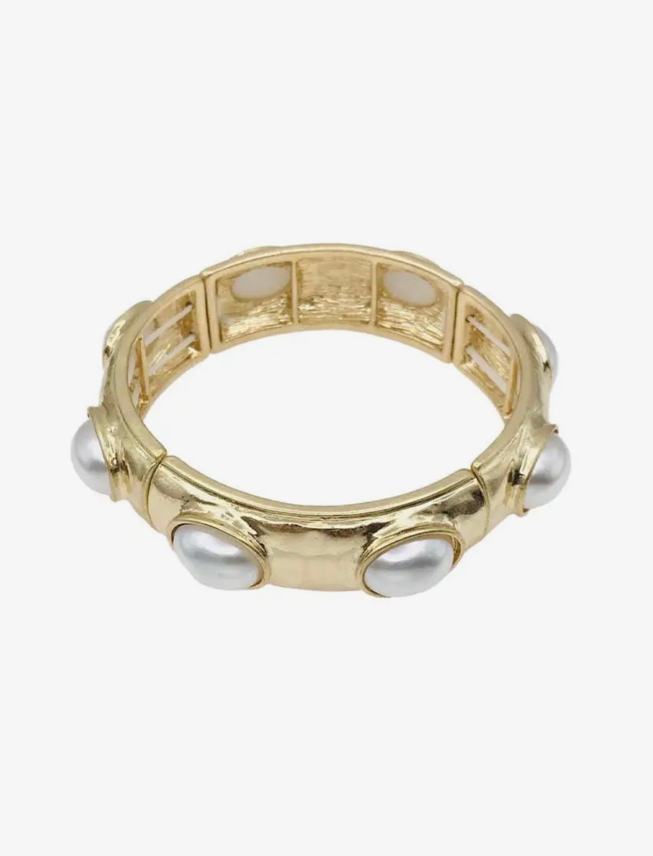 Pearl Oval Stone On
Hammered Gold Stretch Bracelet
