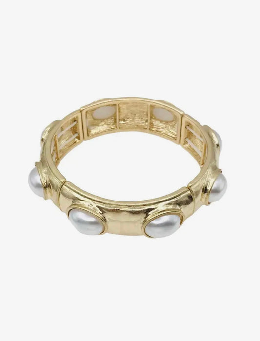 Pearl Oval Stone On
Hammered Gold Stretch Bracelet