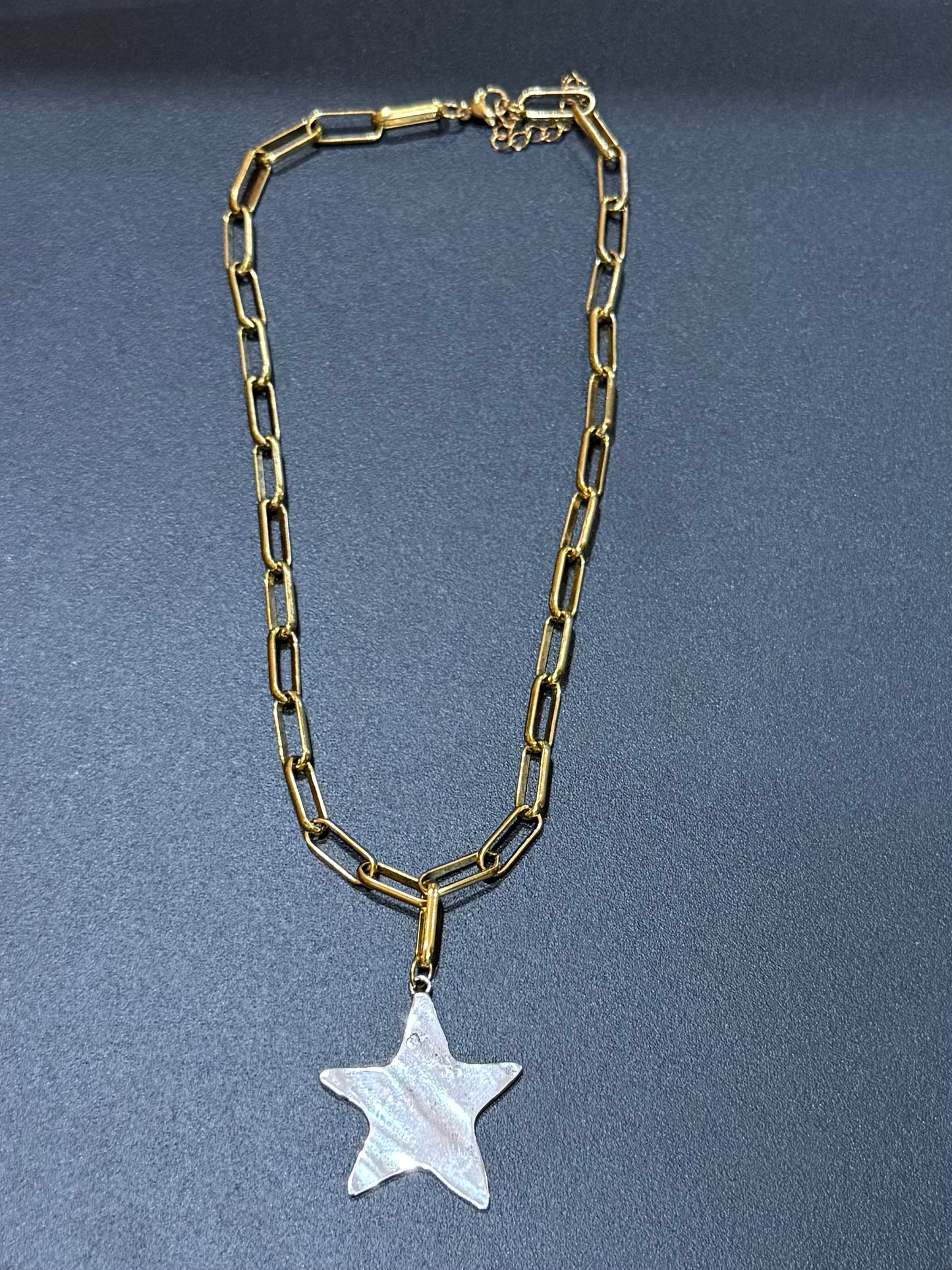 Two-Tone Gold Paperclip Necklace with Silver Textured Star Pendant