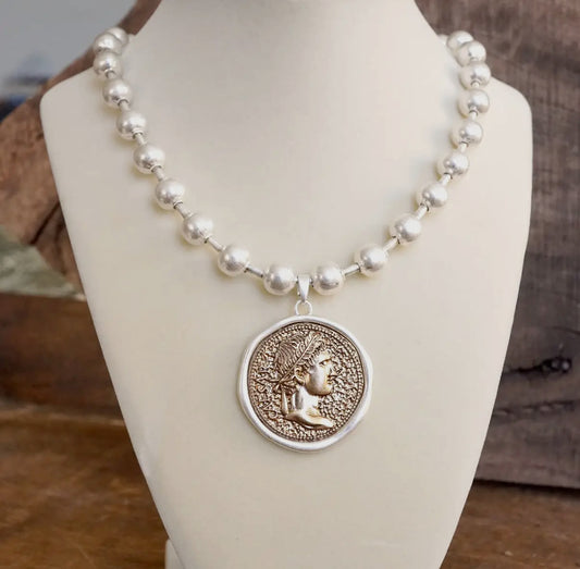 Silver Chunky Ball Chain Statements Necklace with Gold Coin Pendant