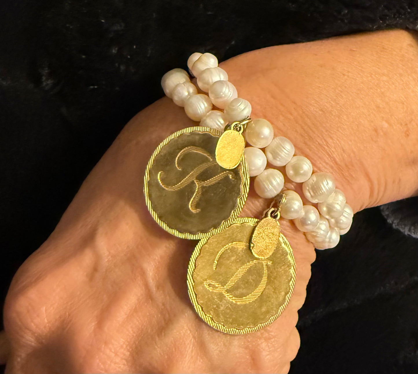 PREORDER-Gold Uppercase Monogram Medallion on Freshwater Pearl Stretch Bracelet