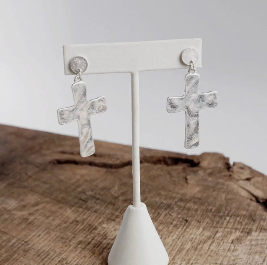 Cross Hammered Distressed Drop Earrings-Silver Tone