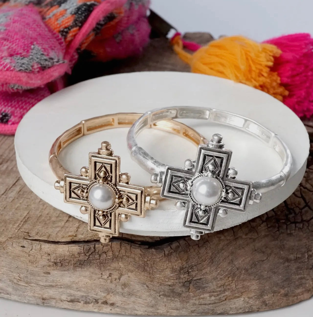 Gold Boho Cross Drop Statement Bangle - Gold & Silver Tones