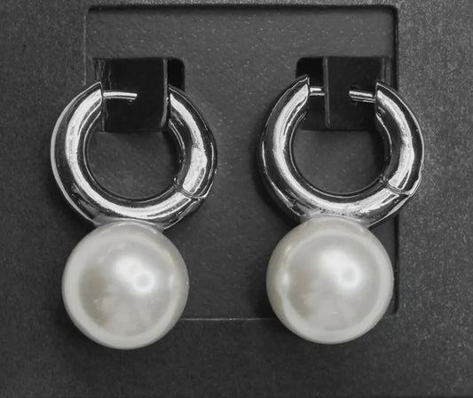 Silver Shiny Hoop Earrings with Pearl Drop