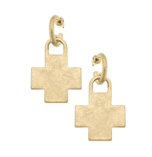 Nina Locked Cross Drop Hoop Earrings in Worn Gold