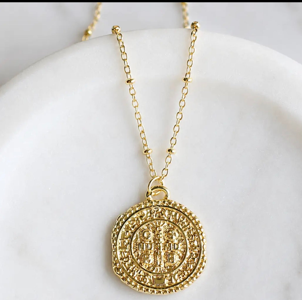 Gold Coin Necklace with Ball Beaded Chain