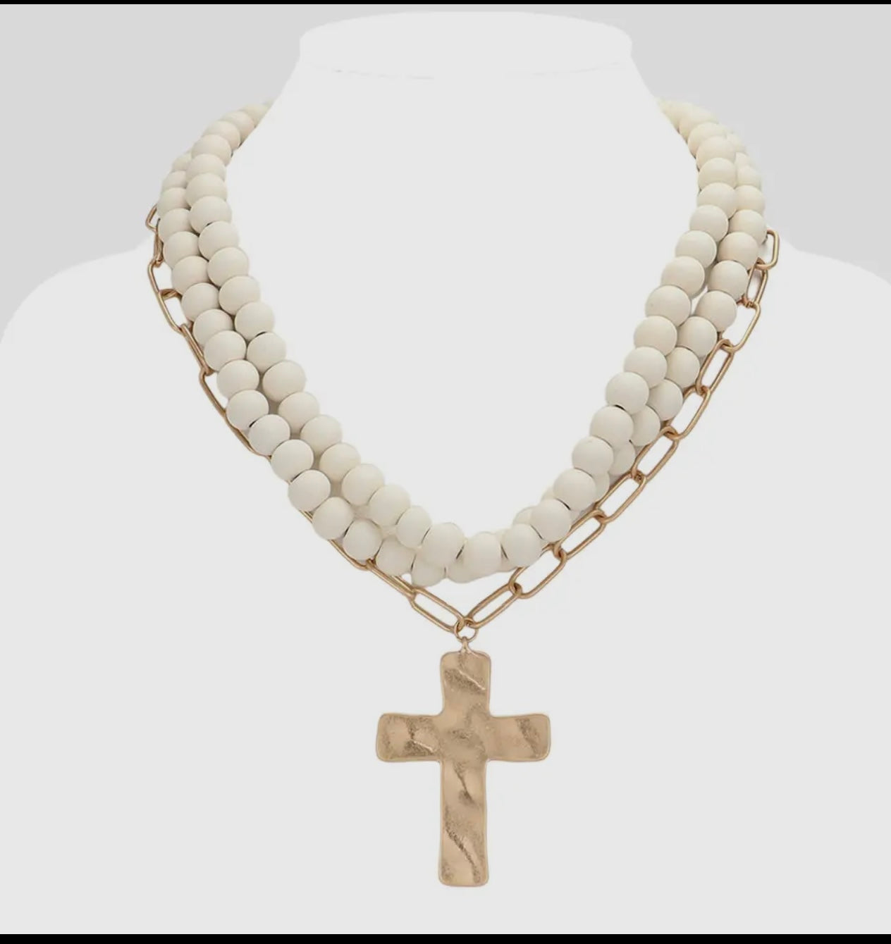 Hammered Metal Cross Pendant
Wood Chain Layered Necklace