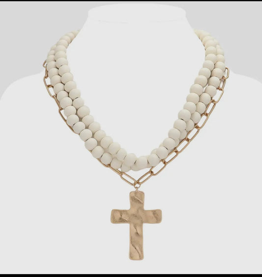 Hammered Metal Cross Pendant
Wood Chain Layered Necklace