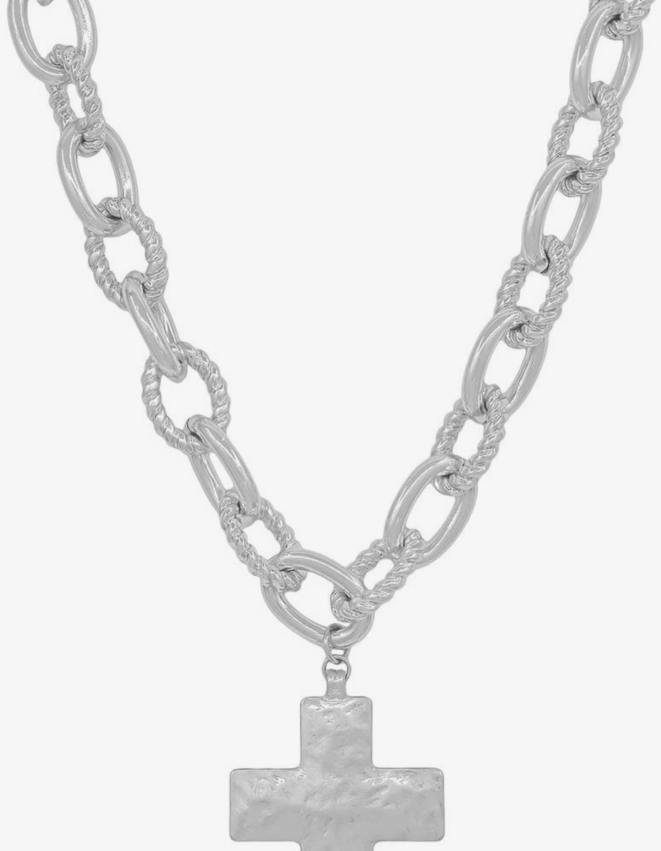 Water Resistant Chunky Silver Chain with Hammered Cross
16"-18" Necklace