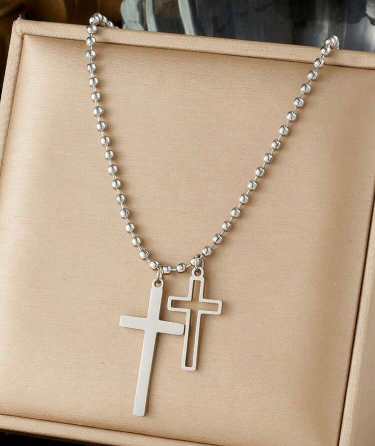 Silver Stainless Steel Double Cross Charms on Silver Ball Beaded Chain