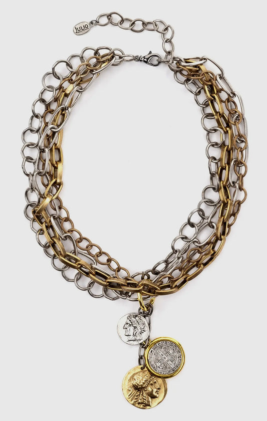 Rustica Multi Chain Necklace with Coin Cluster Pendant