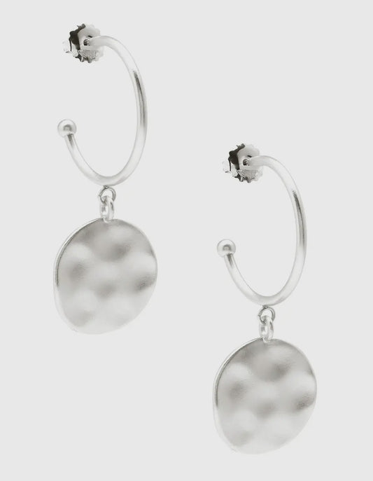 Medallion Charm Hoop Earring in Matte Silver