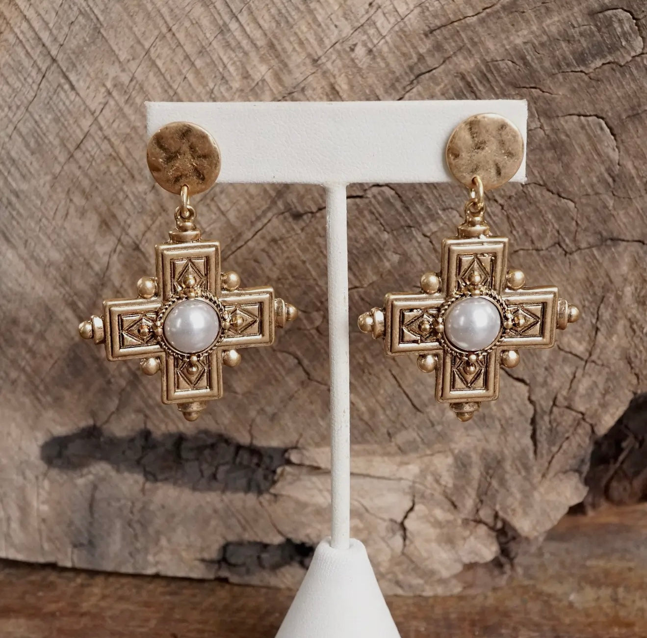 Gold Boho Cross Drop Statement Earrings - Gold & Silver Tones