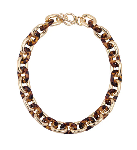 Ava Resin Linked Toggle Necklace in Tortoise & Shiny Gold. 