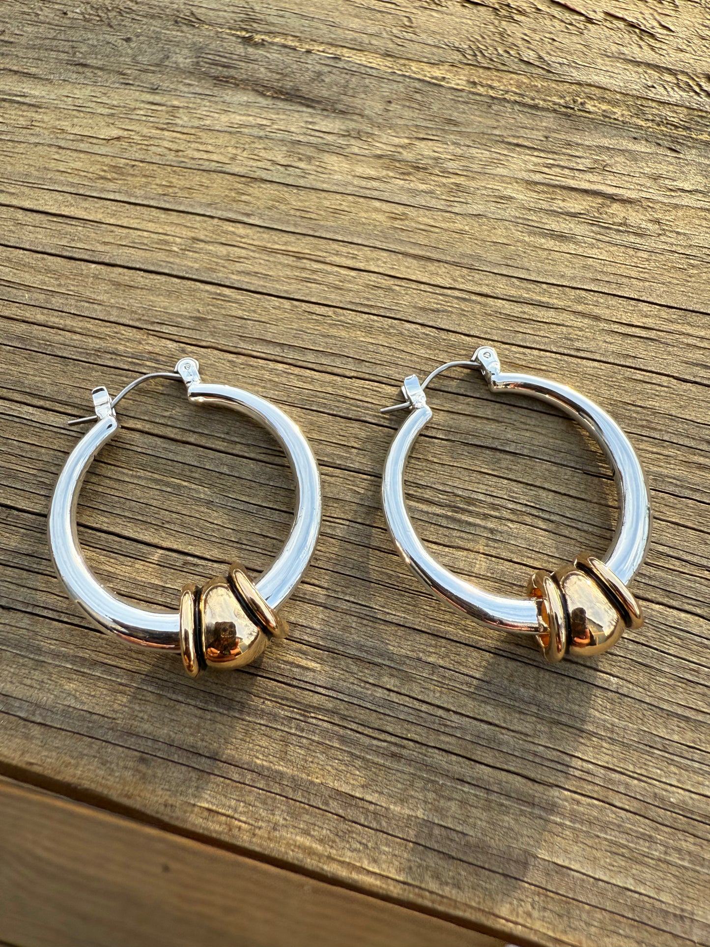 Two-Tone Silver Hoop Earrings with Gold Bead Accent