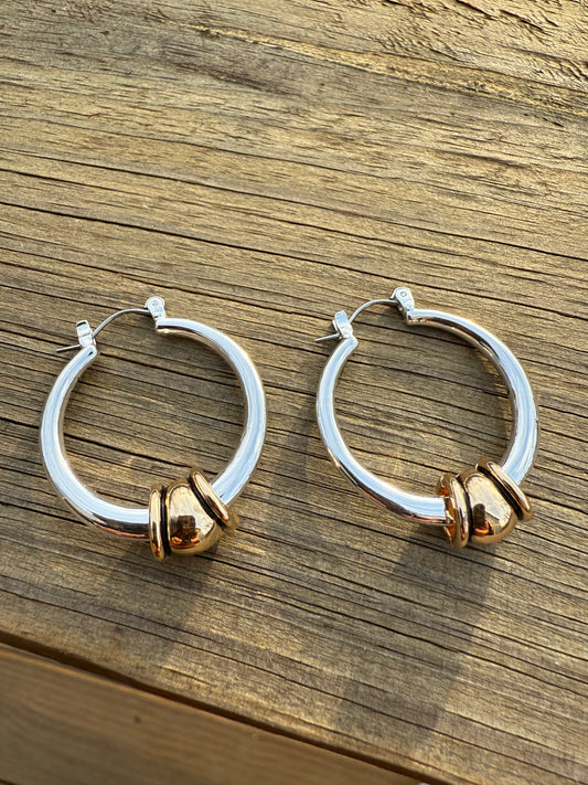 Two-Tone Silver Hoop Earrings with Gold Bead Accent