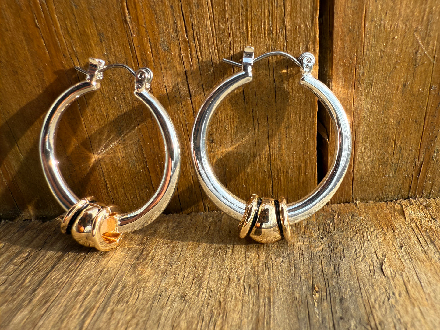 Two-Tone Silver Hoop Earrings with Gold Bead Accent