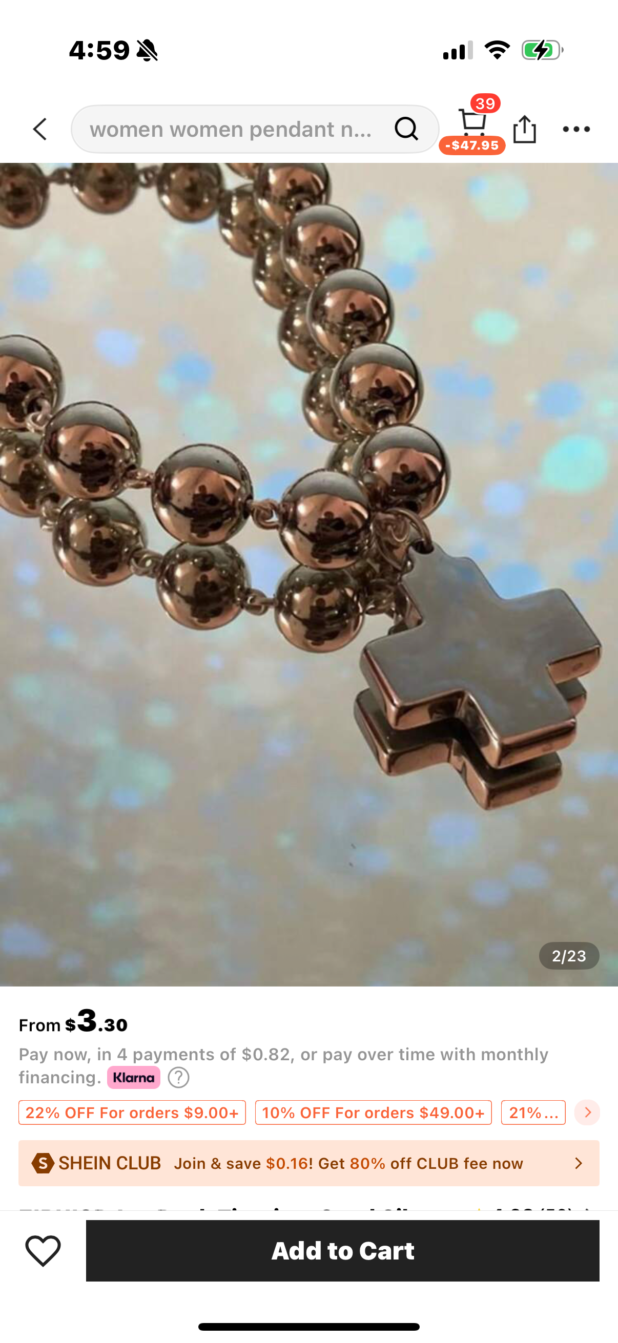 Silver Steel Ball Beaded Necklace with “Squared”Cross Pendant