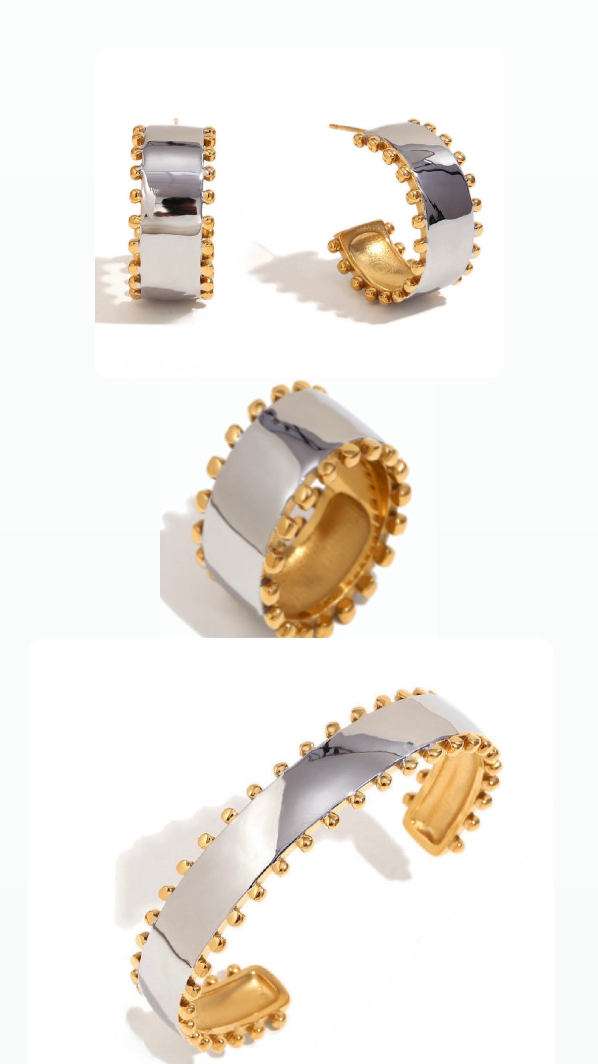 Two Tone/Mixed Metal Stainless Steel Cuff Bracelet with Gold Ball Edging.