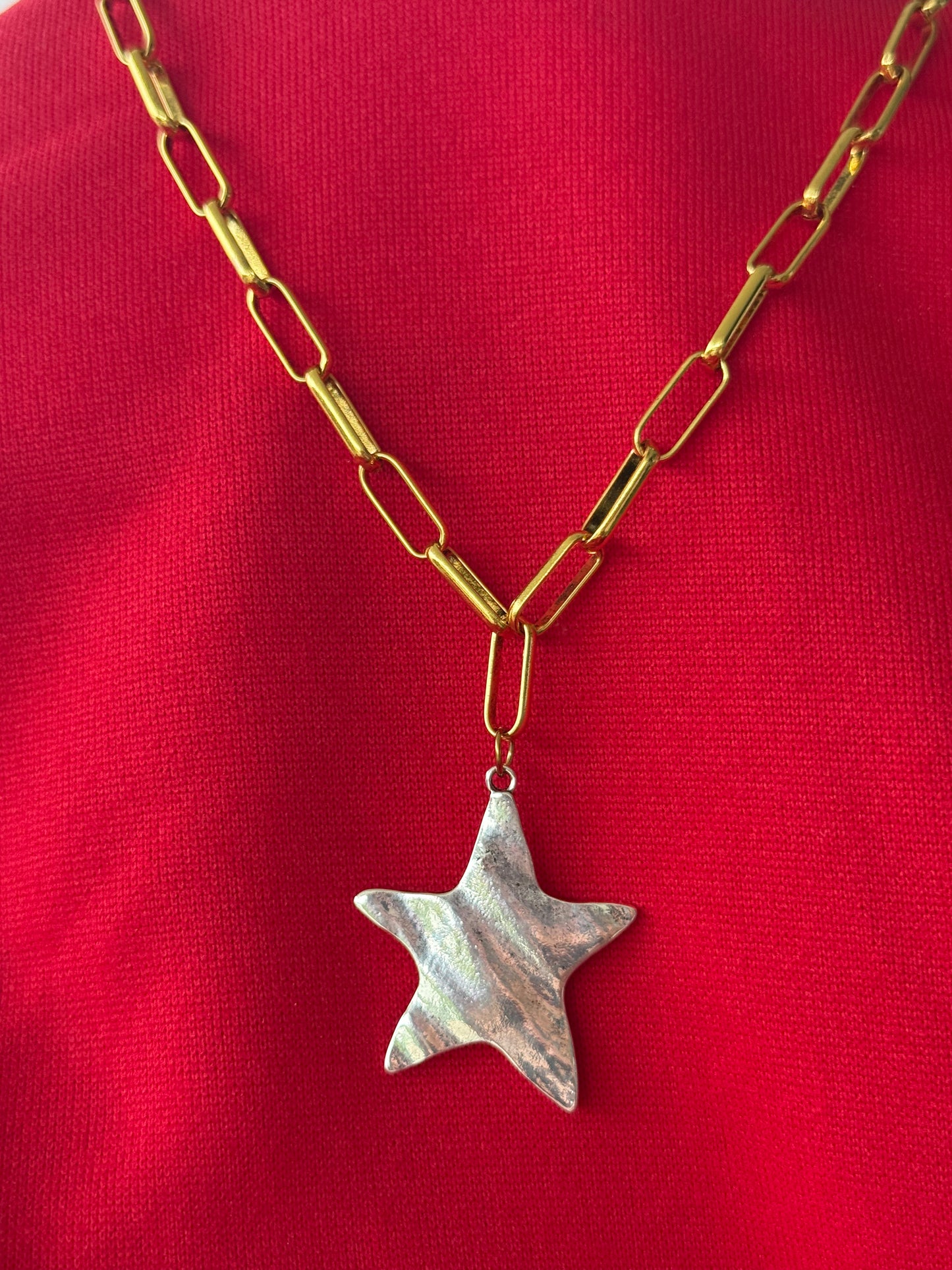 Two-Tone Gold Paperclip Necklace with Silver Textured Star Pendant