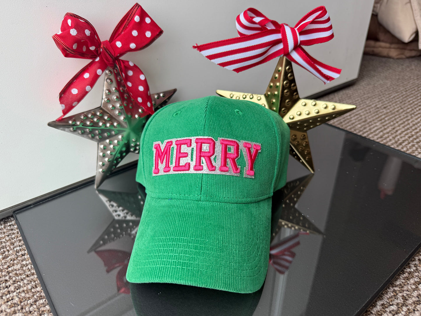 Green with Pink “Merry” Corduroy Baseball Hat (If you order by Sat 12/6 Hat should be here by Mon 12/8)