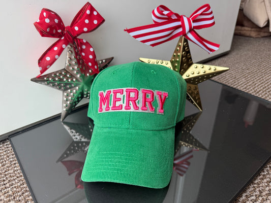 Green with Pink “Merry” Corduroy Baseball Hat (If you order by Sat 12/6 Hat should be here by Mon 12/8)