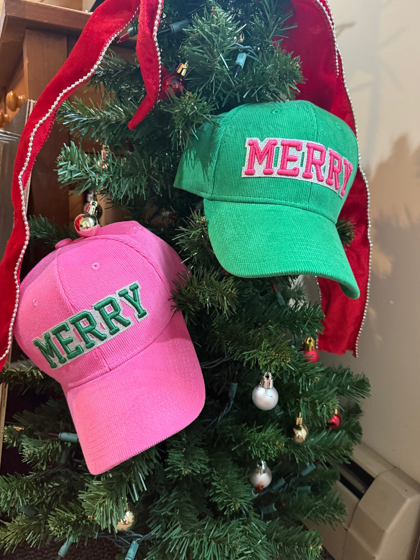 Green with Pink “Merry” Corduroy Baseball Hat (If you order by Sat 12/6 Hat should be here by Mon 12/8)