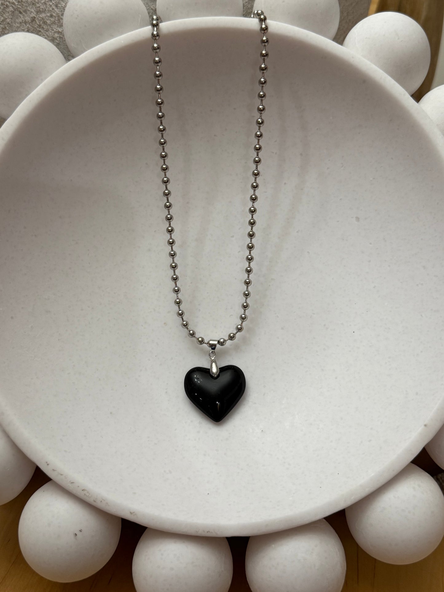 Steel Ball Small Bead Necklace with Black Glass Puffy Heart Pendant