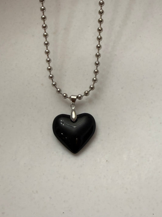 Steel Ball Small Bead Necklace with Black Glass Puffy Heart Pendant