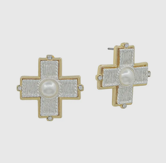 Silver & Gold Textured Cross with Pearl Stud Earring