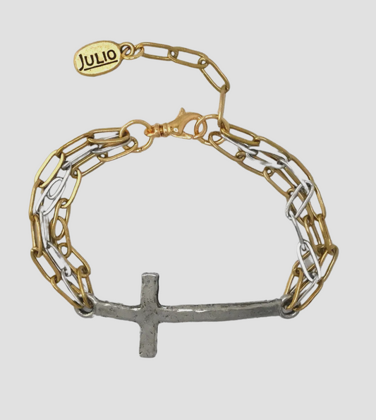 Two-Tone Metal Cross and Paperclip Chain Bracelet
