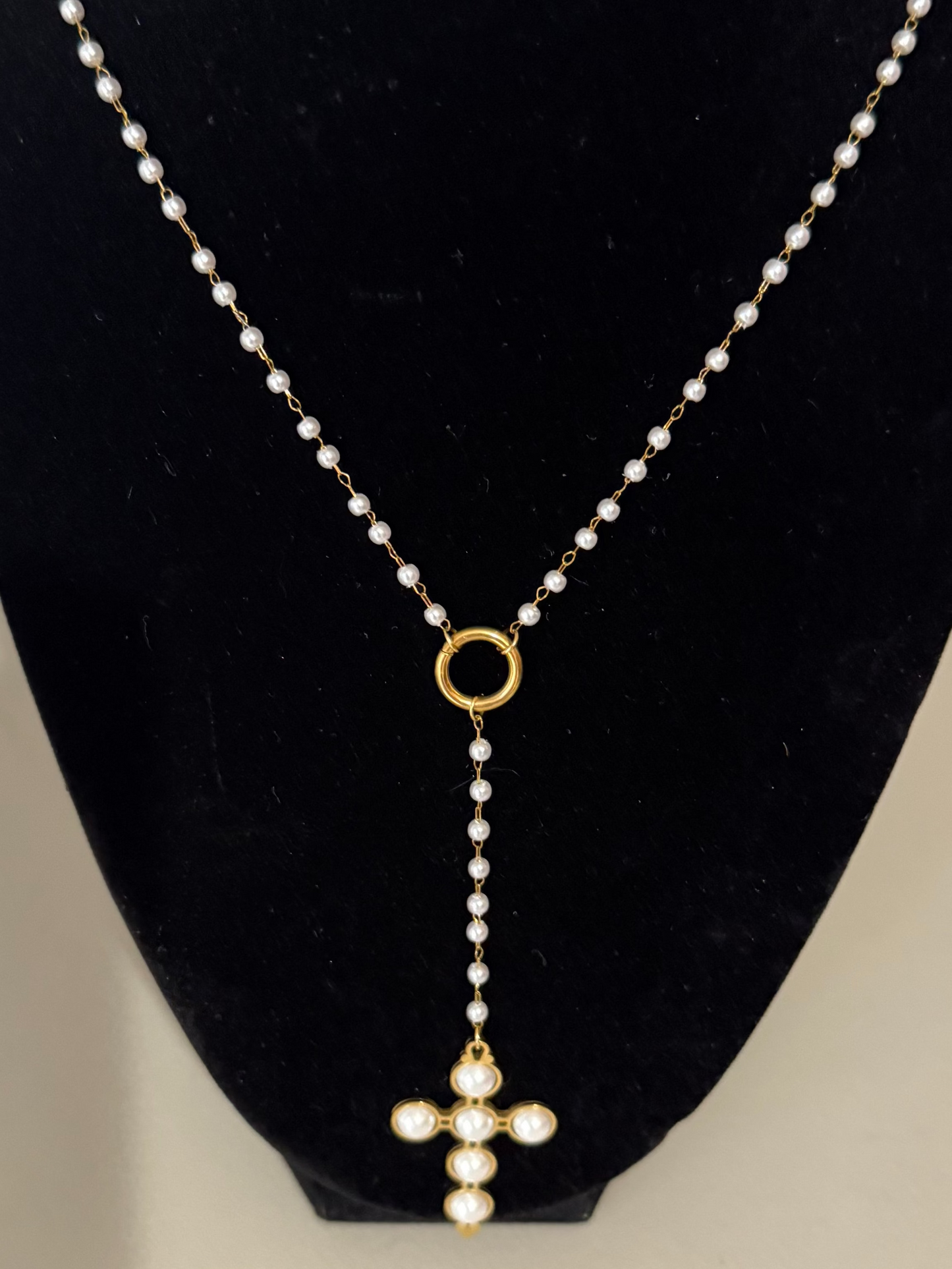 Lariat Pearl Cross Necklace