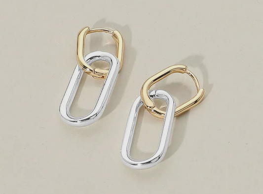 Two Tone Metal Geometric Link
Drop Huggie Earrings
