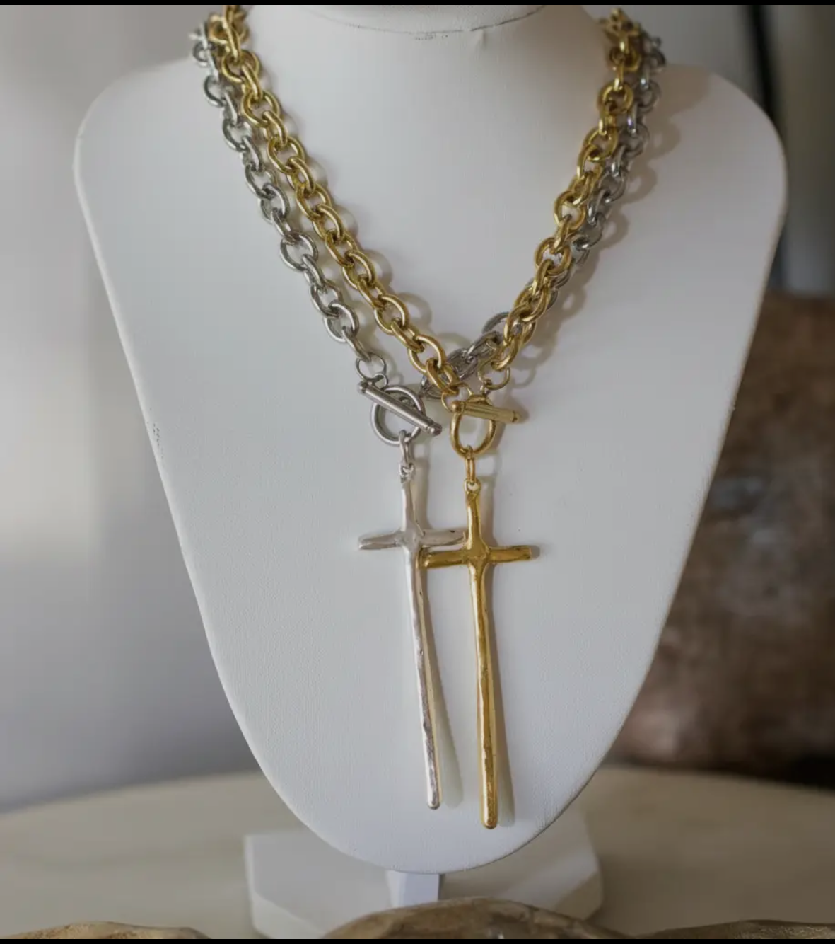 Elongated Cross Toggle
Necklace - Stainless Steel - Gold
Plated Pewter