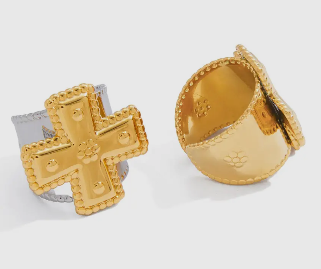 Two Tone Cross Ring 18K Gold-Plated, Non-Tarnish
