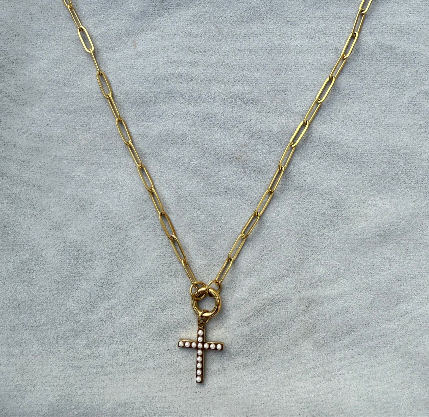 Gold Paperclip Carabiner Charm Holder Necklace with Gold & Pearl Cross Charm