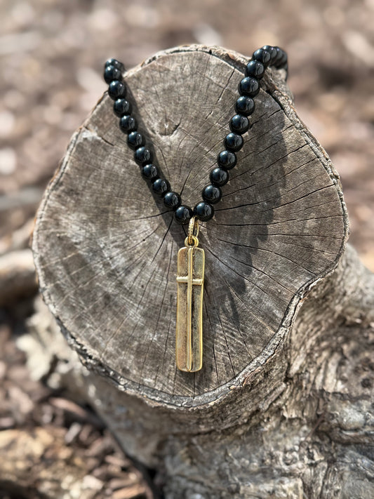 Black Beaded Heritage Necklace with Gold Cross Pendant