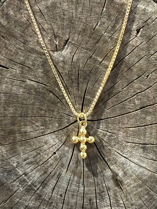 16" in Box Chain Necklace with Dainty Gold Ball Beaded Cross Charm