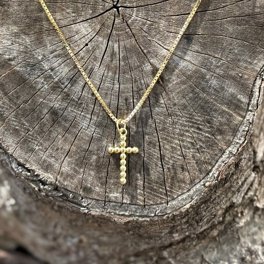 18" Box Chain Necklace with 1' Ball Bead Cross Charm