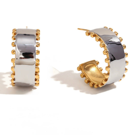 Two-Tone/Mixed Metal Stainless Steel hoop post Earrings with Gold Ball Edging.