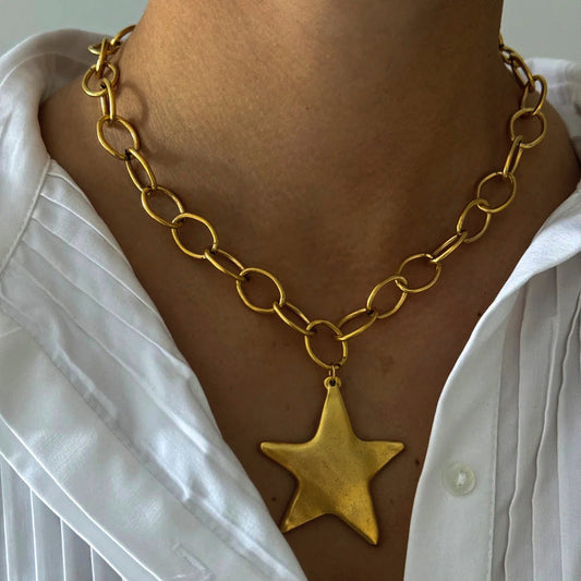 Gold Chunky Matte Link Chain with Large Star Pendant