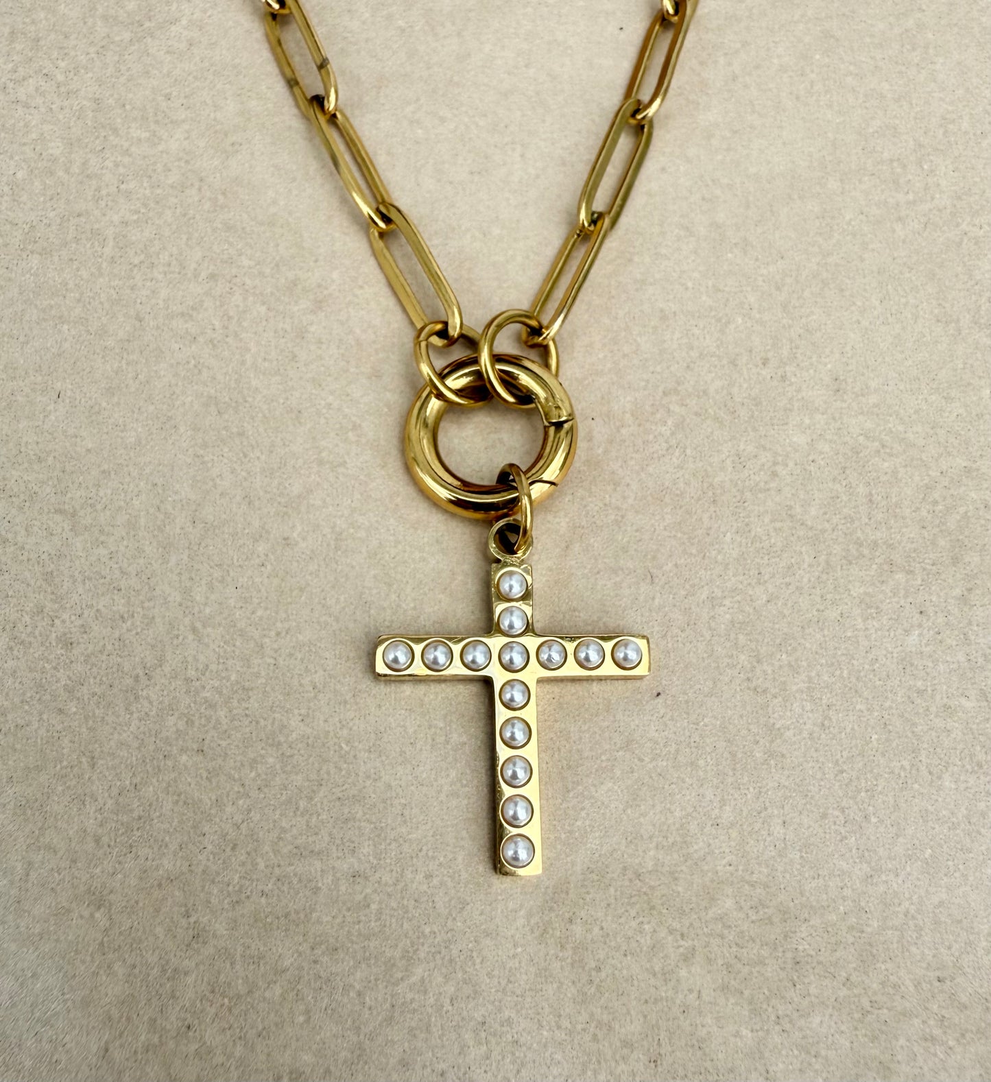 Gold Paperclip Carabiner Charm Holder Necklace with Gold & Pearl Cross Charm