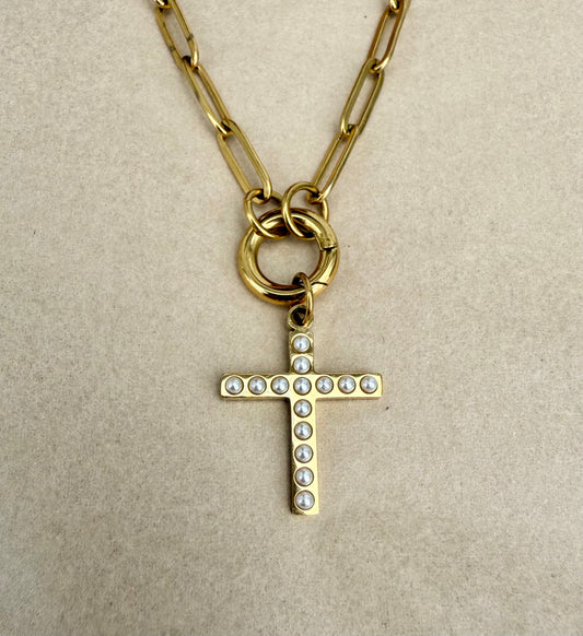 Gold Paperclip Carabiner Charm Holder Necklace with Gold & Pearl Cross Charm