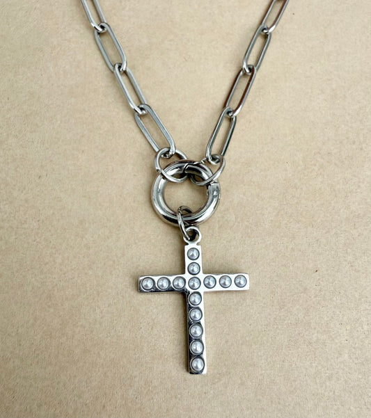 Silver Paperclip Carabiner Charm Holder Necklace with Silver & Pearl Cross Charm
