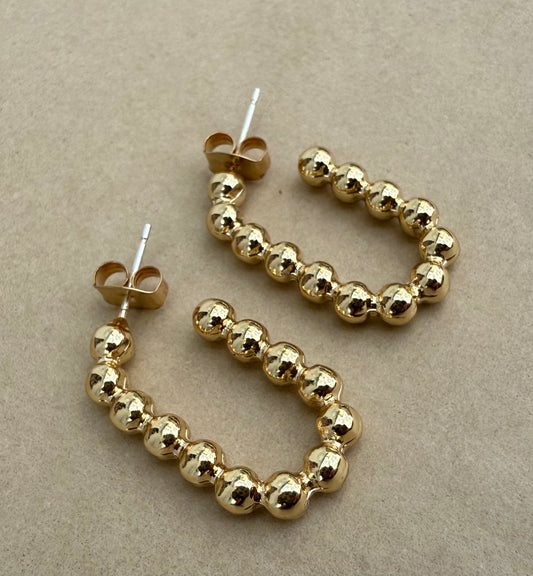 Gold-Beaded Open Hoop Post Earring