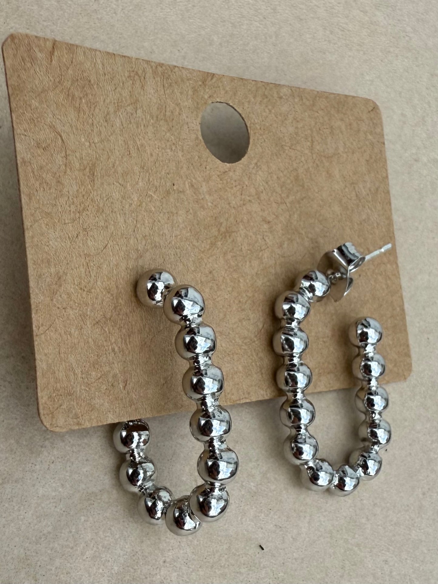 Silver-Beaded Open Hoop Post Earring.